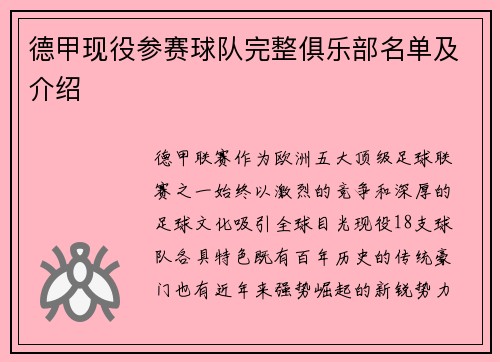 德甲现役参赛球队完整俱乐部名单及介绍